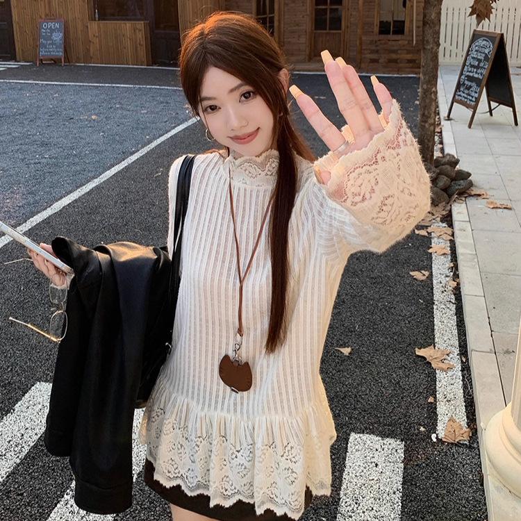 {Original cloth 90 cotton 10 anlon} Sweet lace loose T-shirt women's autumn design stacked shirt