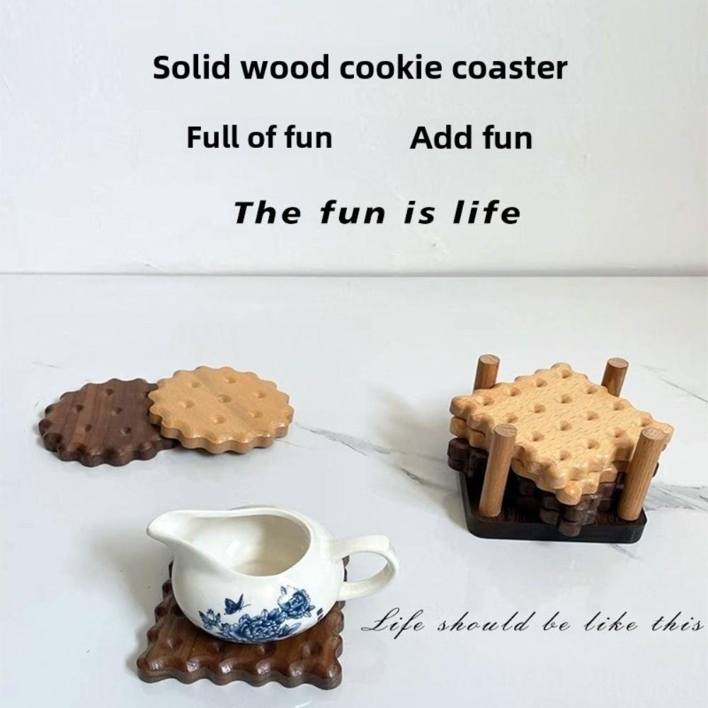 Round Solid Wood Cookie Coasters Biscuit Shape Heat Resistant Wooden Coaster Non-Slip Tea Cup Mat for Tea Milk Drink
