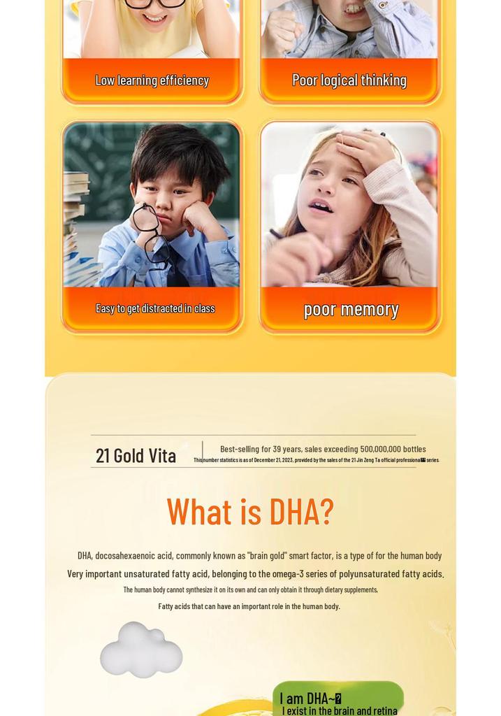21K DHA Algal & Flaxseed Oil Softgels - 60 Capsules for Children & Teens To Enhance Memory - Genuine Product