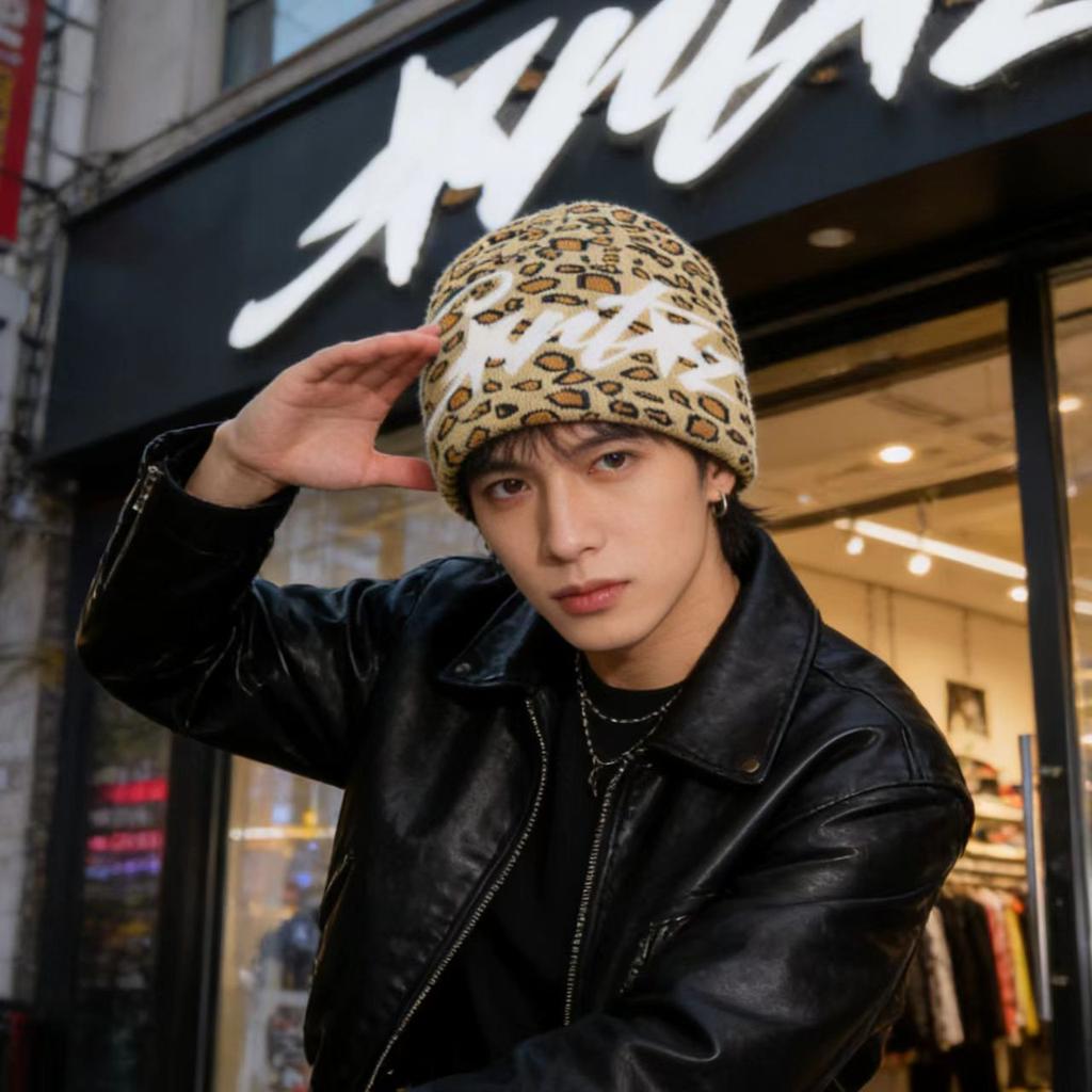European and American new leopard print jacquard wool hat autumn and winter couple street personality hip hop warm knitted beanie hat men