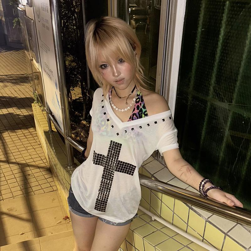 Japonské Y2k Metalový Kříž Potisk Tričko Vintage Harajuku Krátký Rukáv Průhledné Topy Trashy 2000s Výstřih do V Streetwear Grunge