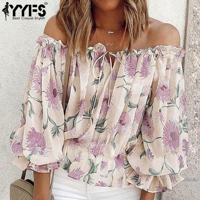 Women's Fashion Casual Spring Autumn Flower Pattern Print Long Sleeve One Shoulder Blouses & Shirts