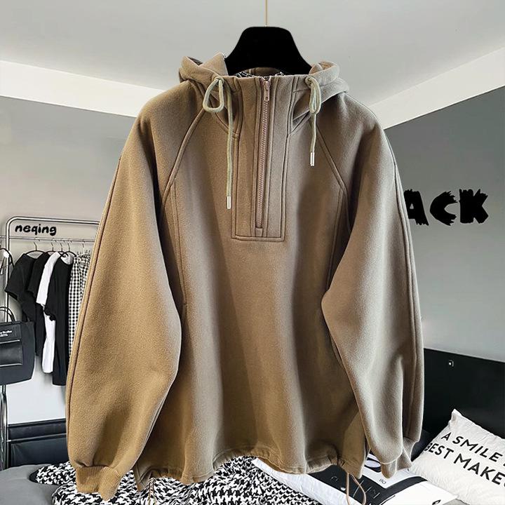 High-Quality Oversized Half-Zip Hoodie - Solid Color, Breathable Patchwork Design for Spring & Autumn