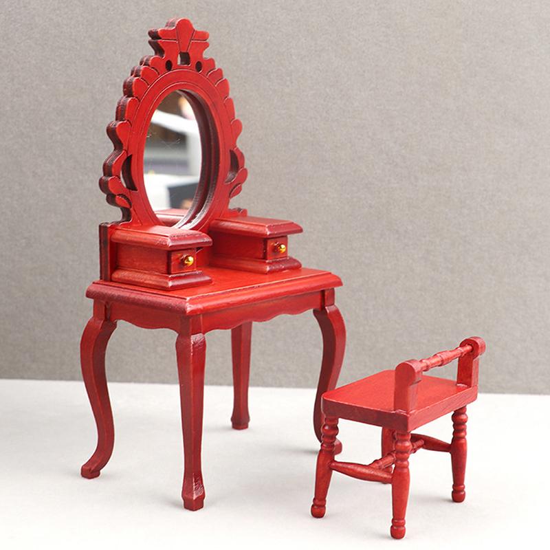 1:12 Dollhouse Miniature Wooden Makeup Dressing Table With Stool Dressing Cabinet Storage Cabinet Dolls Bedroom Bathroom Furniture Decor