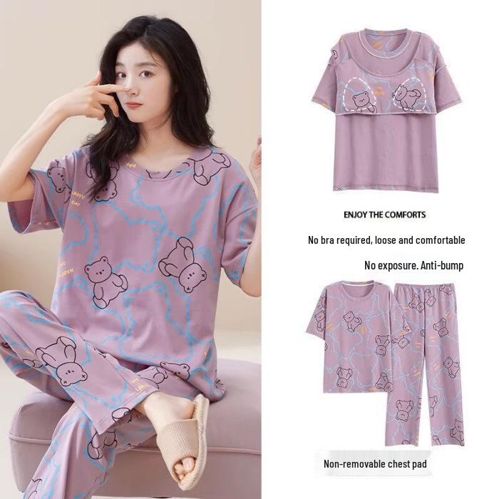 Women's Korean Style Cartoon Pajama Set - Short Sleeve, Long Pants, Plus Size, Casual Homewear