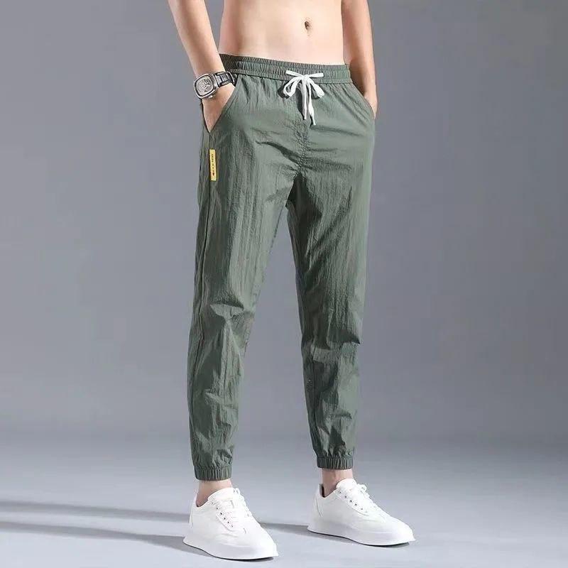 2023 Men's Korean-Style Ice Silk Casual Pants, Quick-Drying, Trendy, Loose-Fit Nine-Point Sports Pants for Summer.