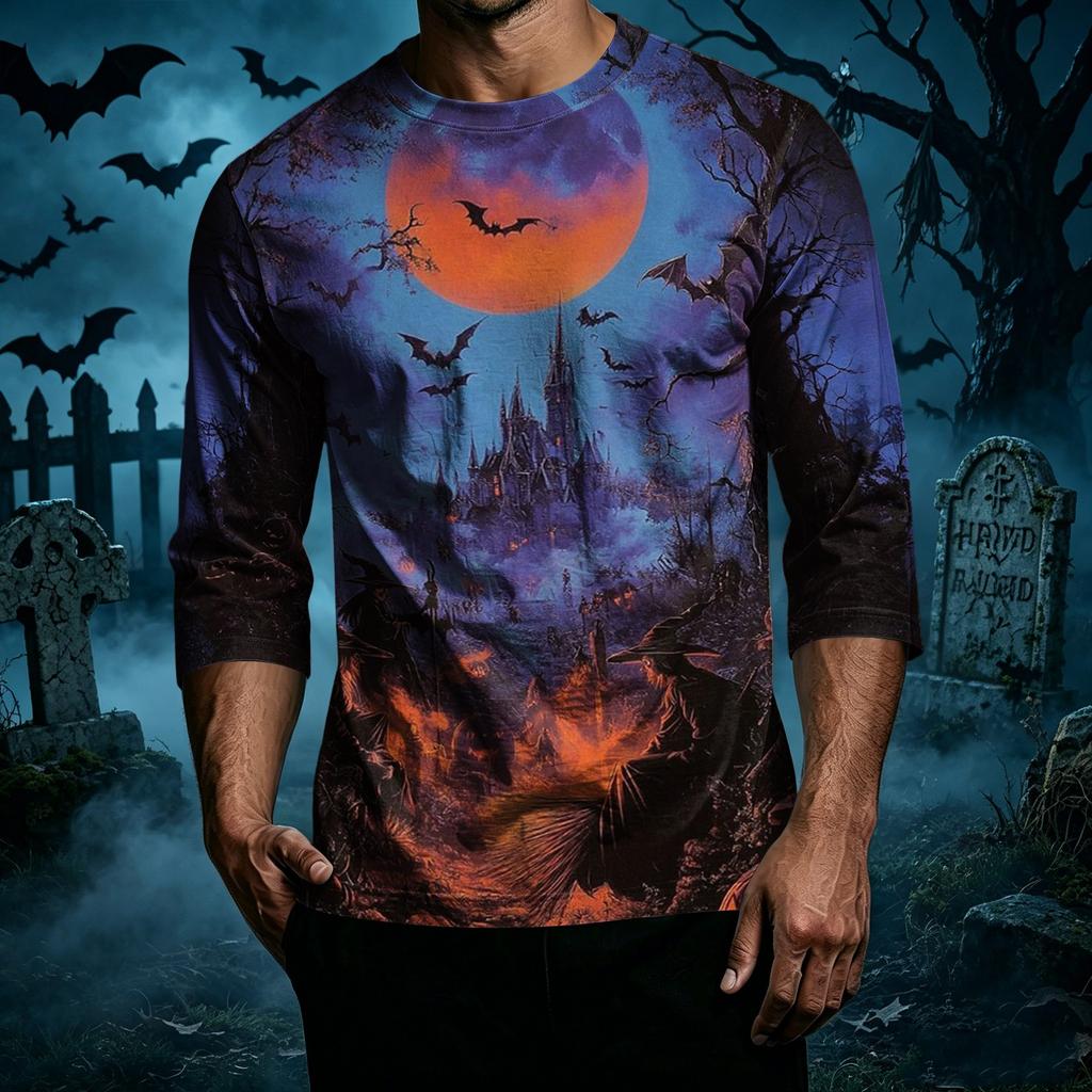 Men's Casual Halloween Print Crew Neck T Shirt Three Quarter Sleeve Regular Fit Top Suitable for Everyday Wear and Seasonal Events