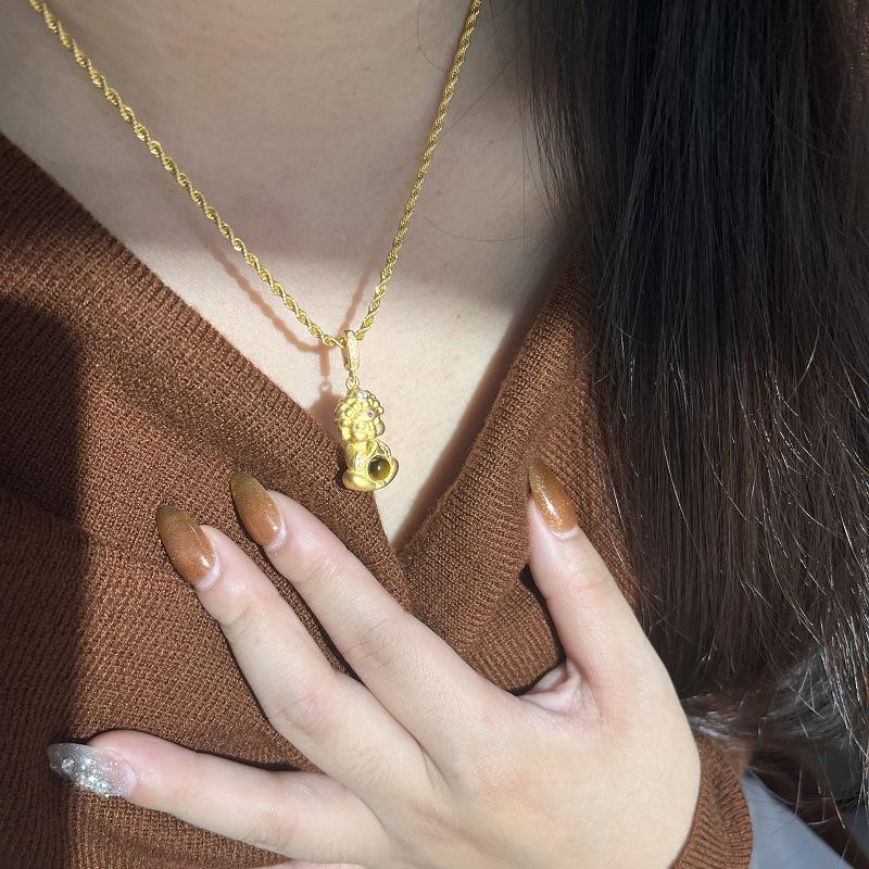 Collier Bouddha Bébé Oeil de Tigre Mat Ancien Longue Chaîne de Pull Tressée Petit Pendentif Bouddha Doré