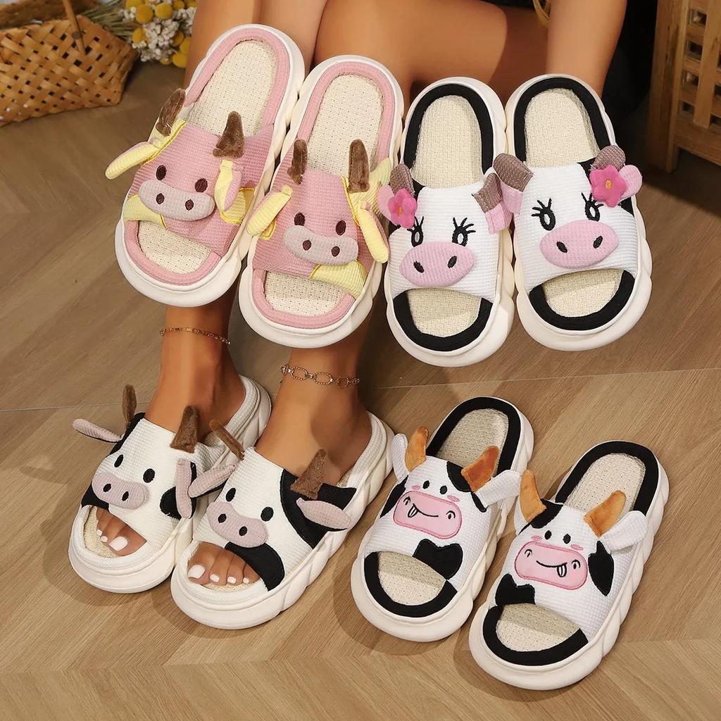Fashion Women Cute Cartoon Cow Linen Slippers Spring Anti-slip Slides Couples Home Non-slip Flip Flops Casual Slip on Platform Slippers