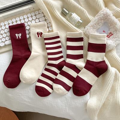 Women Socks Autumn Winter Cotton Knitted School Girls Middle Tube Socks Women Casual Striped Hip Hop Skateboard Sports Socks Sox