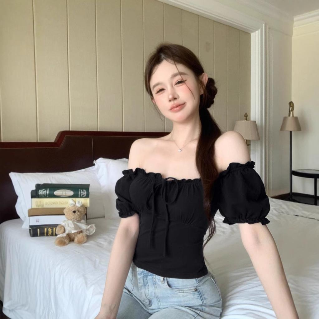 Navy blue strap square neck short-sleeved T-shirt women's summer slim fit inside Spice girl elastic slim short off-shoulder top