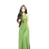 Retro Sleeveless Green Mori-style Summer Dress with Waist-cinching Slim Fit
