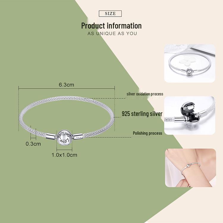Yinziyun S925 Silver Bracelet for Women - Eternal Love Korean Style, Simple, Fashionable, DIY Basic Design (Model SCB105)