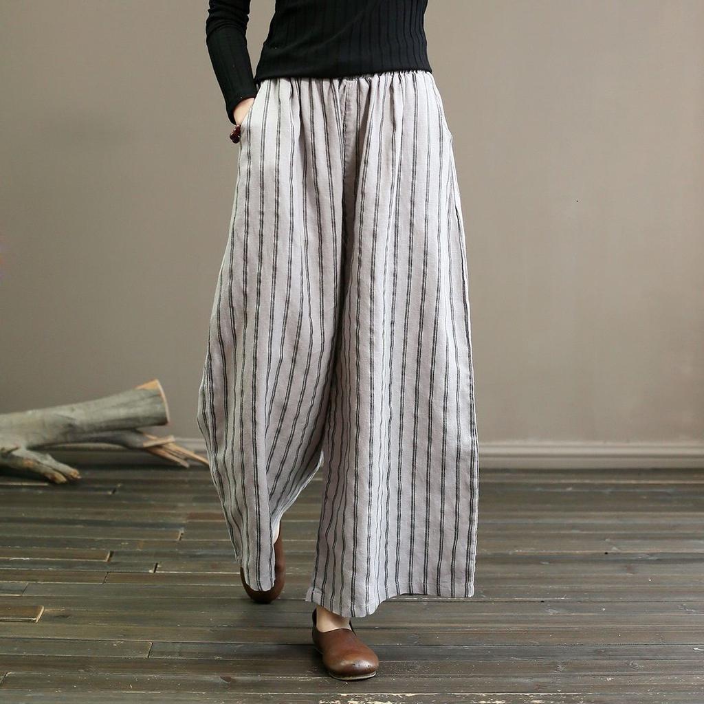Striped Wide-leg Pants Women's Slimming Casual Straight Leg Nine-point Pants Summer