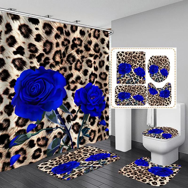 Modern Style Flower Durable Waterproof Shower Curtain Set Toilet Seat Cover Bath Nonslip Mat Rug Carpet Bathroom Decor Washable