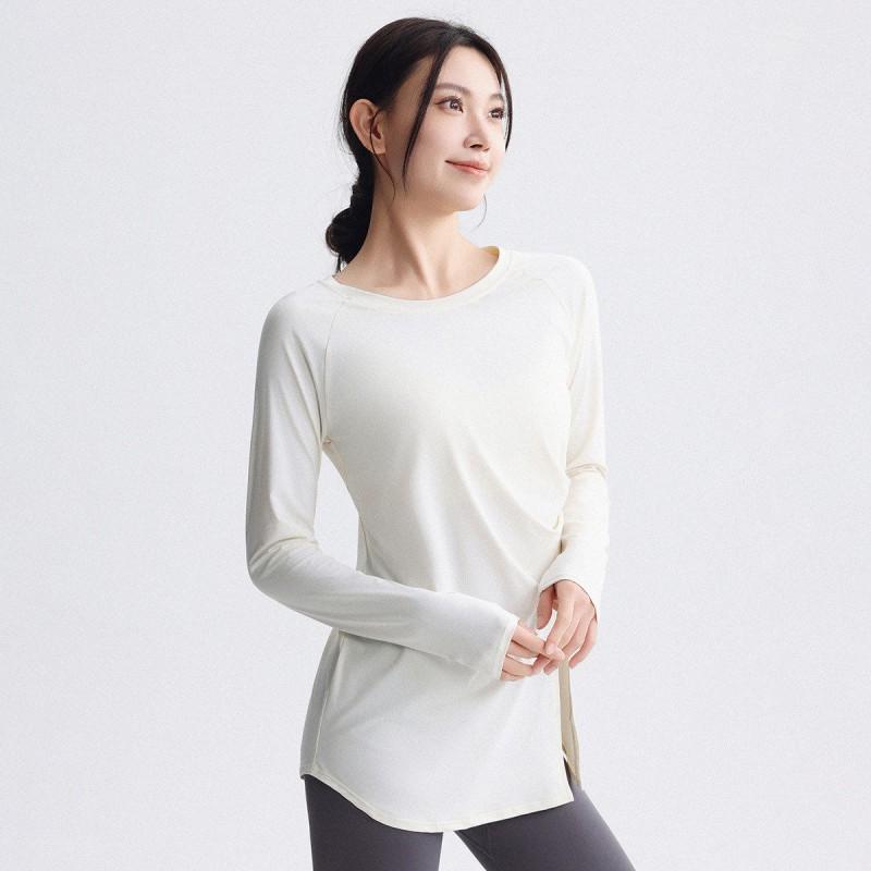 Haut de Yoga Manches Longues pour Femme Séchage Rapide Coupe Ample T-shirt d'Entraînement Course Pilates Gymnastique Fitness Longueur au-dessus des Hanches