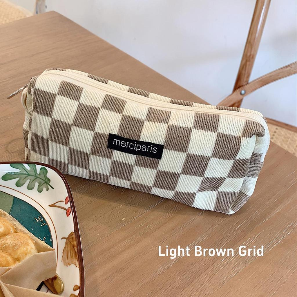 1pcs Corduroy Pencil Bag Pen Case Vintage Flower Grid Artistic Style Student Bag Unique Stationery Storage Pouch School