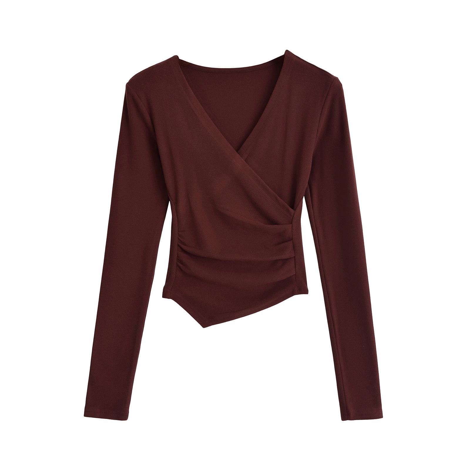 Women s Spicy V-Neck Pleated Long-Sleeve Slimming Chic T-Shirt Small вино красного