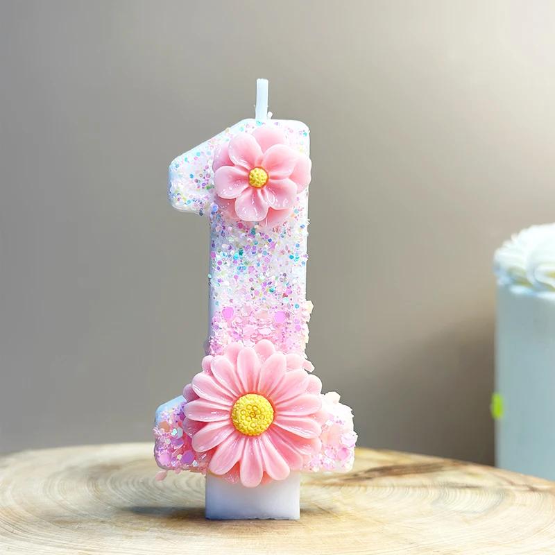 

Birthday Candle Cake Topper Pink Daisy White Changing Creative 0-9 Candle Flowers Digital Candles Girl Birthday Party Decoration