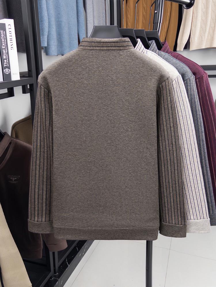 Men's Winter Striped Knitted Sweater - Faux Two-Piece with Turn-Down Collar, Fleece Lined