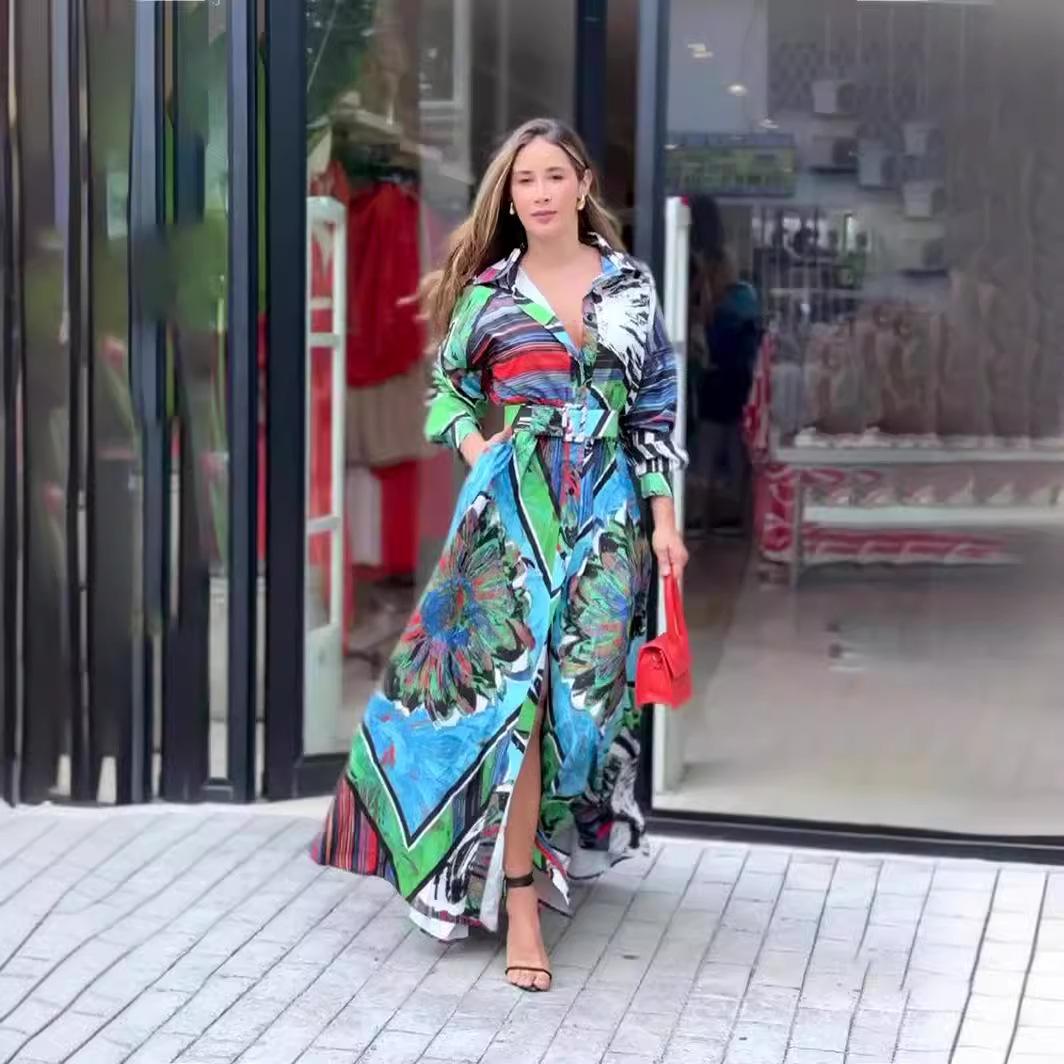 

Платье макси с принтом в новом стиле, кардиган с длинными рукавами и поясом