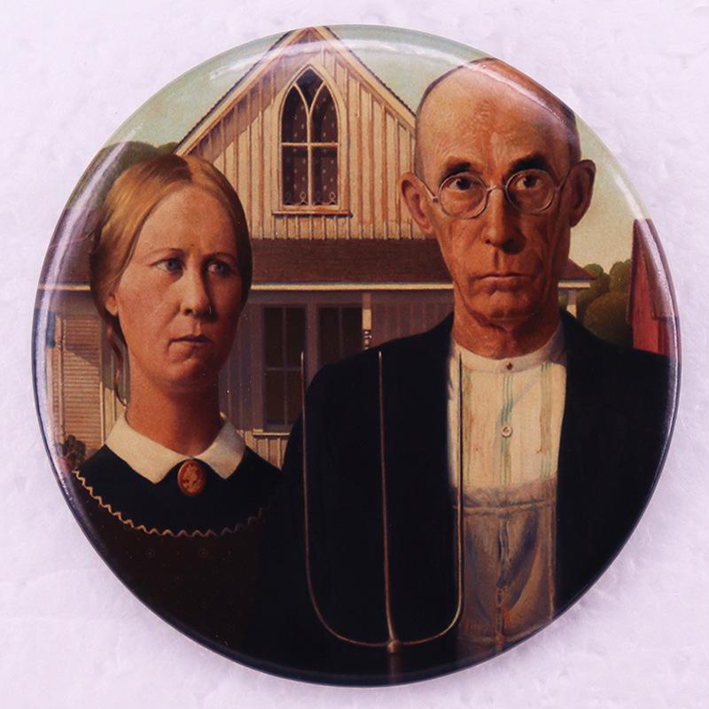 

American Gothic Grant Wood Oil Painting Badge Pin
