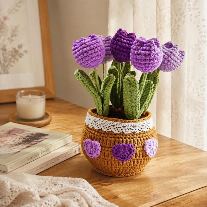 Potted Crochet Tulips Decors with Handcrafted Yarn Texture, Handmade Knitted Potted Flower for Tabletop Display, Gift for Women