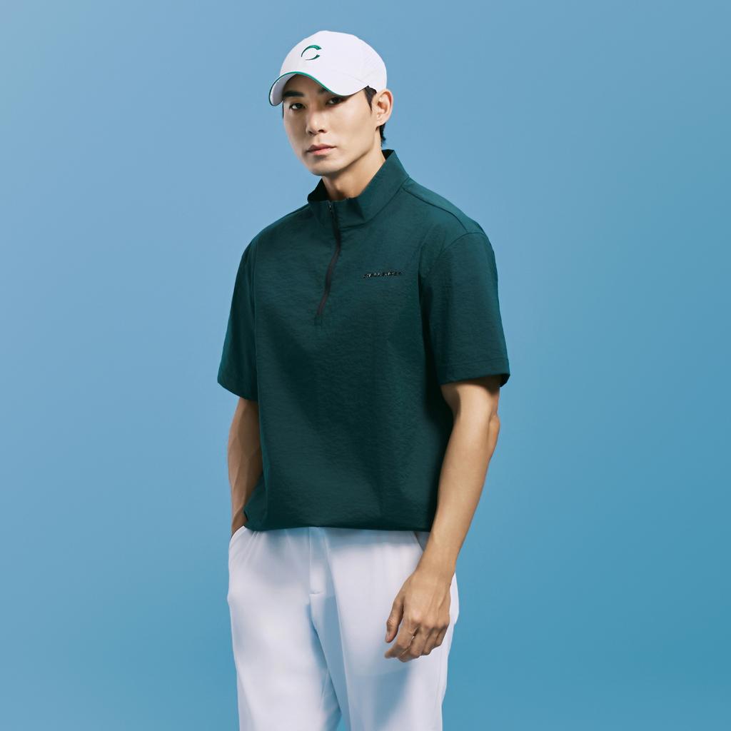 CHALLENGER Men'S Crinkle Nylon Spandex Half-Zip Short Sleeve Woven Top Dark Green