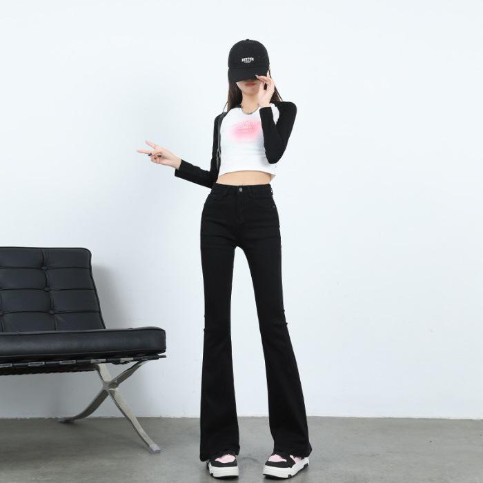 

Women s Dark Color Elastic Micro Flare Jeans - Autumn Winter Plus Size, Velvet Lined, Slimming for Pear Shape, Bell Bottom Pants L