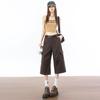 Fashion Summer Back Elastic Waist Brown Cropped Capri Cargo Wide Leg Pants For Women Trendy Versatile Loose Straight Slimming Daily Trousers