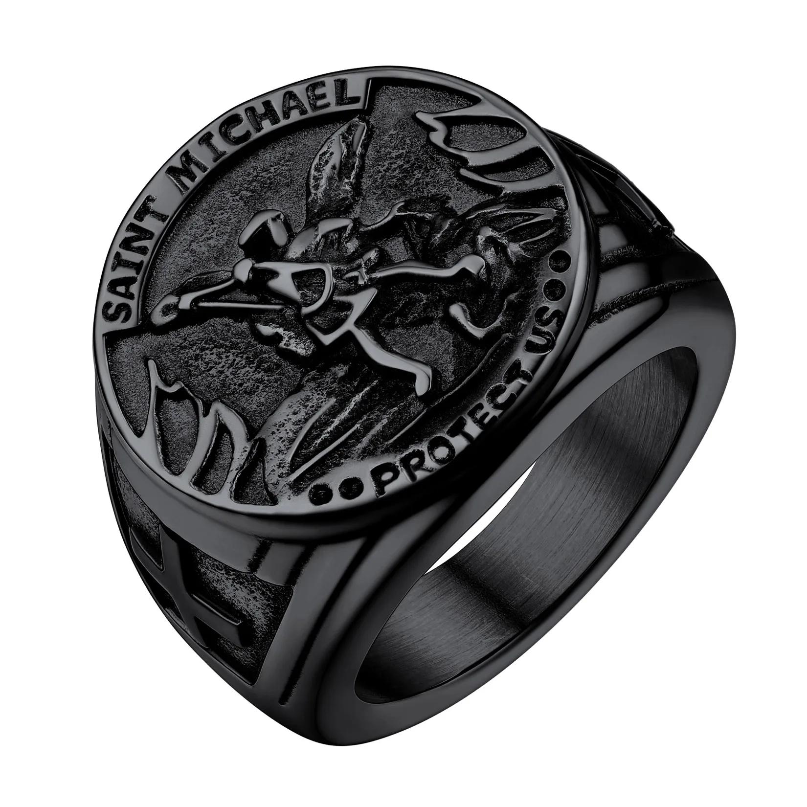 Okrągłe Pierścienie Pieczęciowe dla Mężczyzn Kobiet Katolicki Archanioł Święty Michał Amulet Czarno-Złoty Kolor Stal Nierdzewna Biżuteria Pierścień Prezent 14 czarny