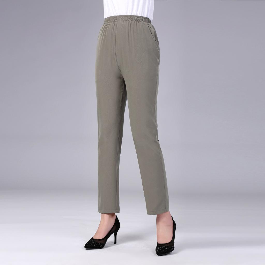 Calças Casuais Femininas de Primavera e Verão Plus Size 4XL Finas Respiráveis Cintura Elástica Cor Sólida Retas Nove Pontos