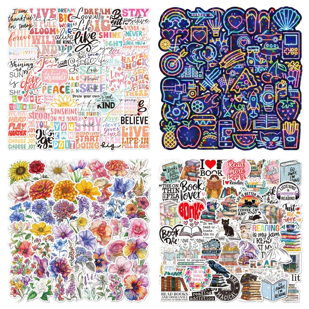 Suitcase Stickers 50 Stars Reading Holographic Flowers Inspirational Tablet Helmet Vinyl Water Bottle Laser Stickers