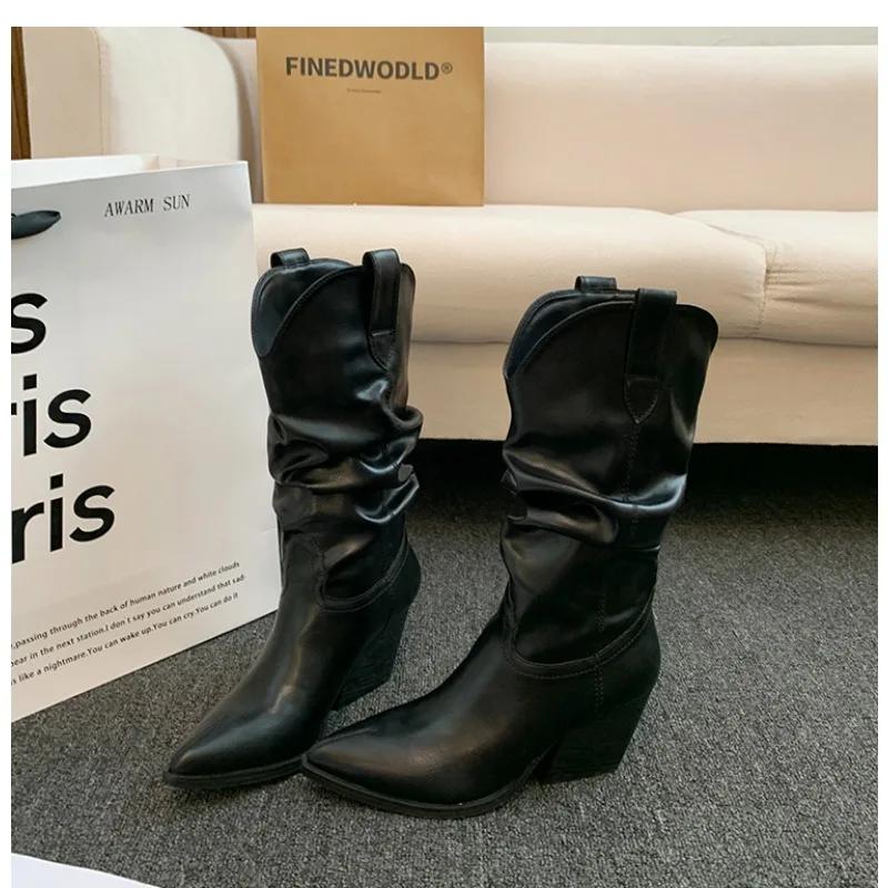 Modă Tocuri Înalte Până la Mijlocul Gambei Cizme Pliate pentru Femei Toamnă Iarnă Maro Piele PU Cizme Western Femeie cu Toc Gros Cowboy Botas Mujer
