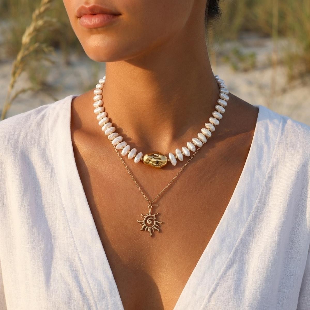 Favorite Toy Women's Baroque Irregular Imitation Pearl Sun Pendant Stackable Necklace For Men Elegant Sunflower Clavicle Chain Choker Zircon