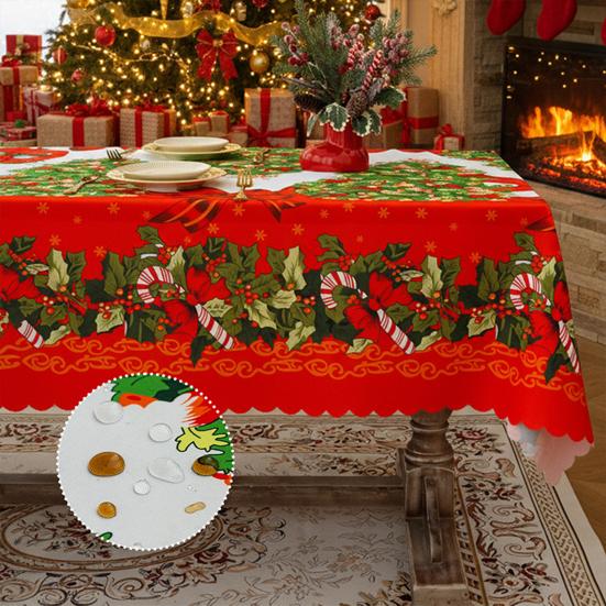 Christmas Rectangle Tablecloth Waterproof Xmas Holly Candy Cane Table Cloth Washable Table Cover for Home Dinner Party Decoration