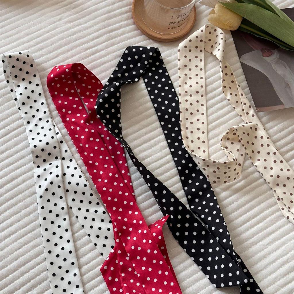 Elegant Polka Dot Silk Scarf & Headband Ribbon: Versatile Hair Accessory for Ponytails or Bags.