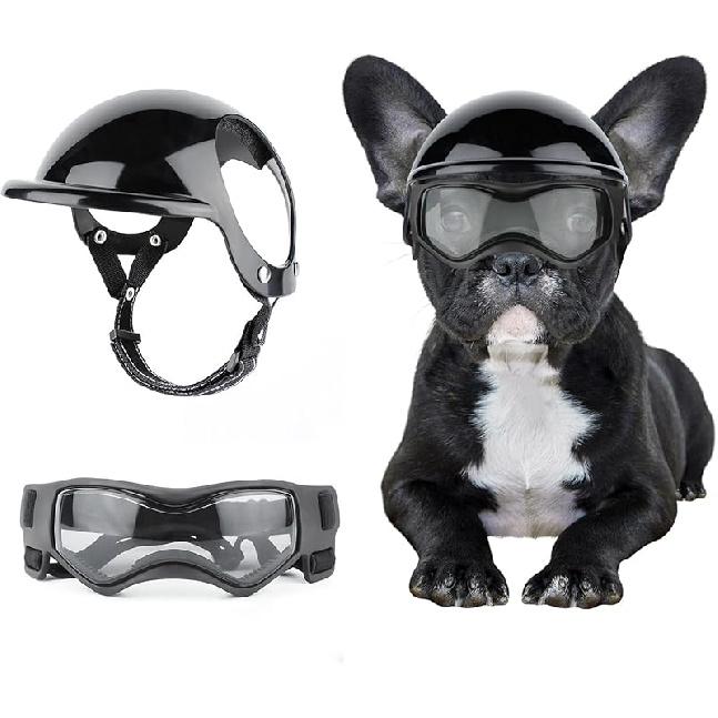 Шлем и очки для маленьких собак - Очки для питомца Шлем-шляпа для мотоцикла для питомца с отверстиями для ушей Регулируемые ремешки Защитный шлем для езды щенка - Черный