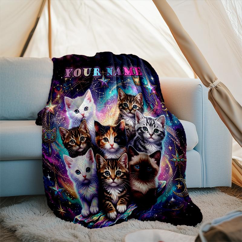 1PC Custom Name Cosmic Cat Collage Flannel Blanket Versatile,all-season Throw Suitable for the Living Room,bedroom,camping,travel,and Gift