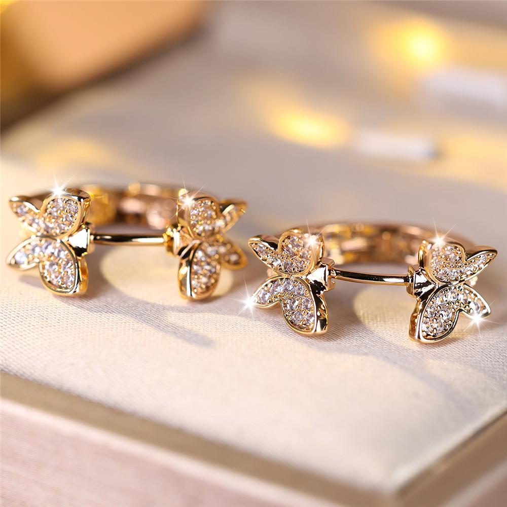 Charm Female White Crystal Stone Cute Butterfly Hoop Earrings Gold Color Simple Wedding Jewelry For Women