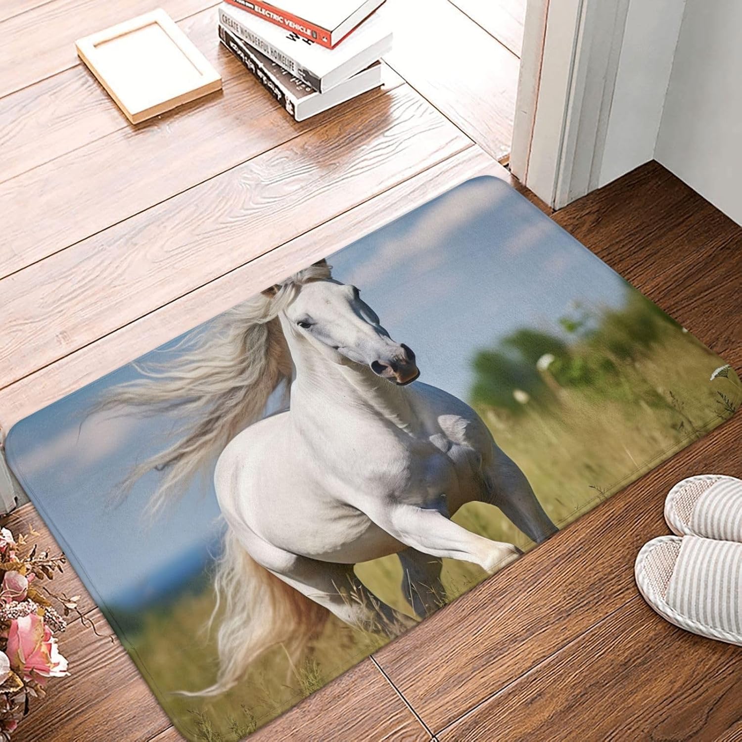 

White Stallion Print Front Door Rug for Indoor Outdoor Entrance,Welcome Mat with Flannel Fabric 40x60cm