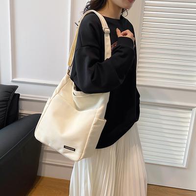 Canvas Shoulder Bag Women'S Simple Solid Color Tote Bag Class Commuting Large Capacity Messenger Bag
