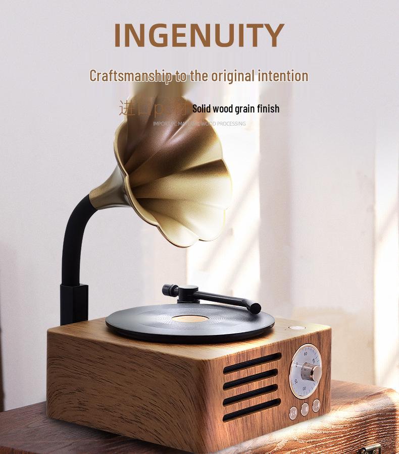 Retro Wood Grain Bluetooth Vinyl Speaker with Rotating Design