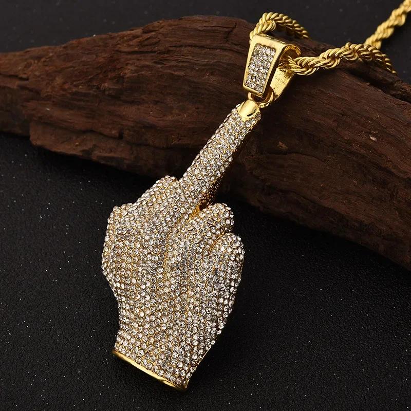 Ice Out Zirkon Höfliche Geste Mittelfinger Halskette Herren Damen Punk Hip Hop Rap Rock Party Schmuck Geschenk