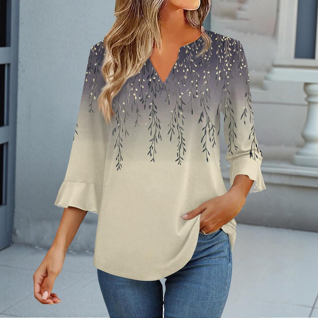 Dámské topy s 3/4 rukávem Tričko Ležérní Zvonové rukávy Potisk Tunika Výstřih do V Svetr Halenka