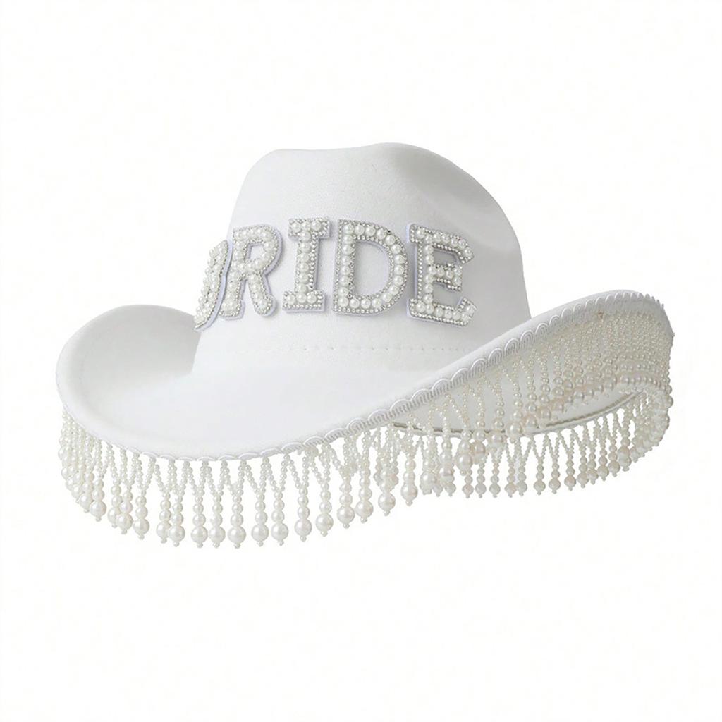 Roll Brims Cowboy Hat for Bride Bridesmaids Elegant Tassels Bead Cowgirl Hat Theme Party Costume Halloween Dress Up Hat