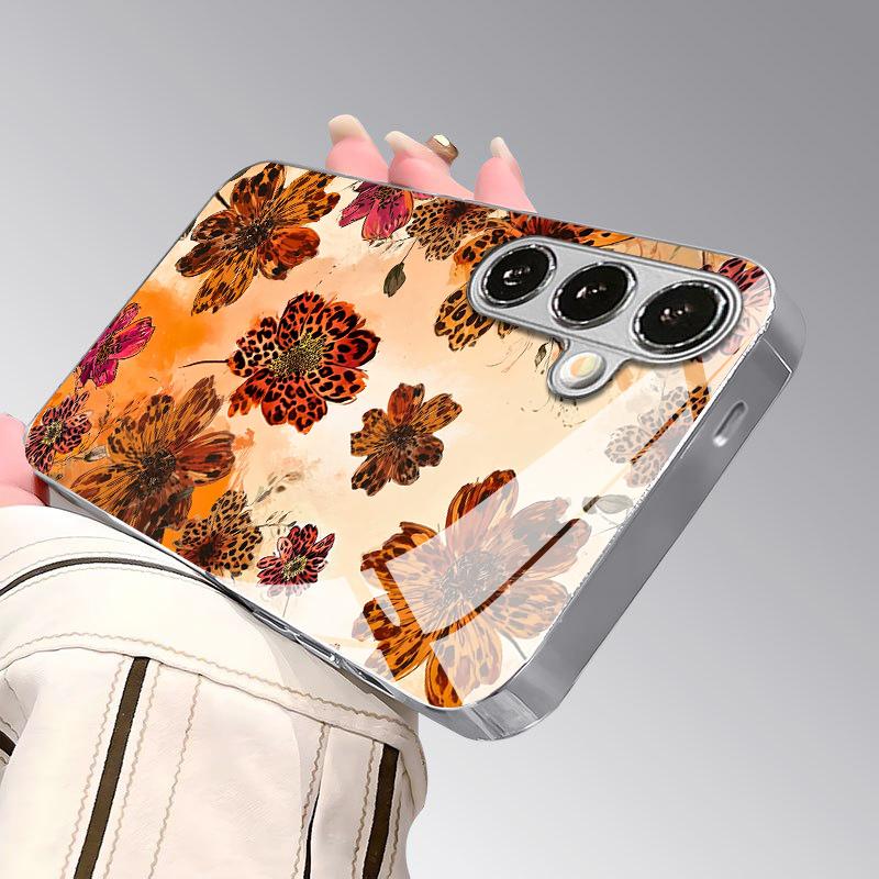 Lion Print Floral Pattern 2D Phone Case for Samsung S26 S25 S24 S23 S22 S21 S20 A56 A36 A16 Electroplated Glass Protective Cover