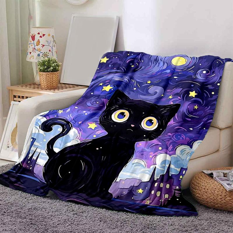 1pc Night Sky Black Cat Blanket Soft Throw for Home Decor, Gift Idea, Seasonal Use, Living Room, Travel, Camping, Car Blankets