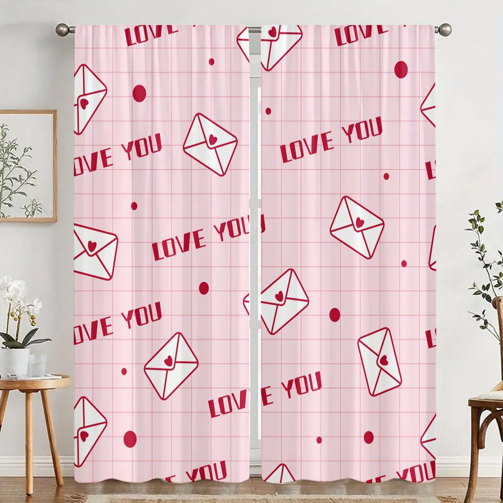2pcs Pink grid "LOVE YOU" envelope curtain   sweet confession   bedroom and living room   with a drawbar pocket decoration