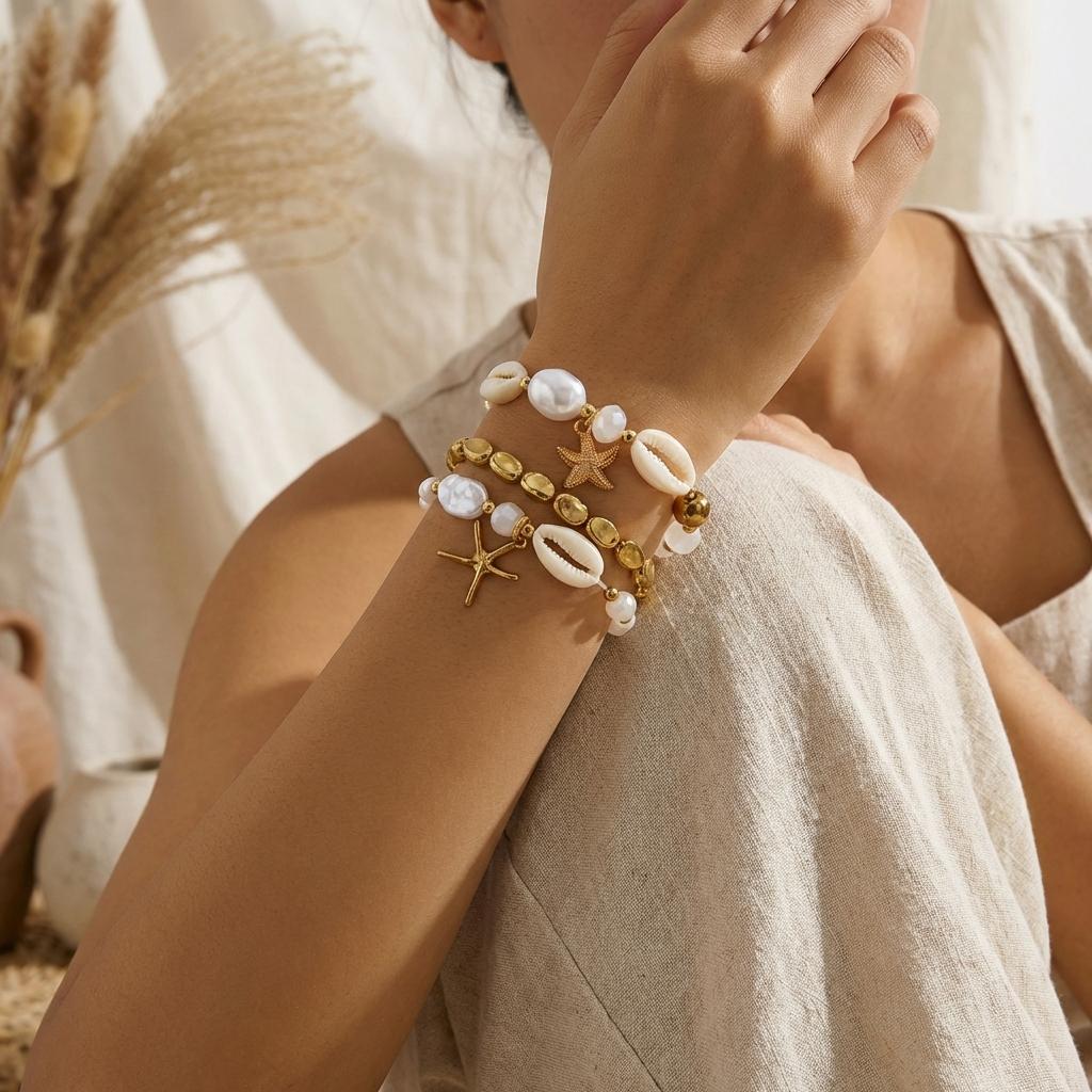 Boho Shell Imitation Pearl Elastic Bracelet Set for Women Dainty Starfish Stacked Beaded Bracelets Summer Beach Jewelry Gift